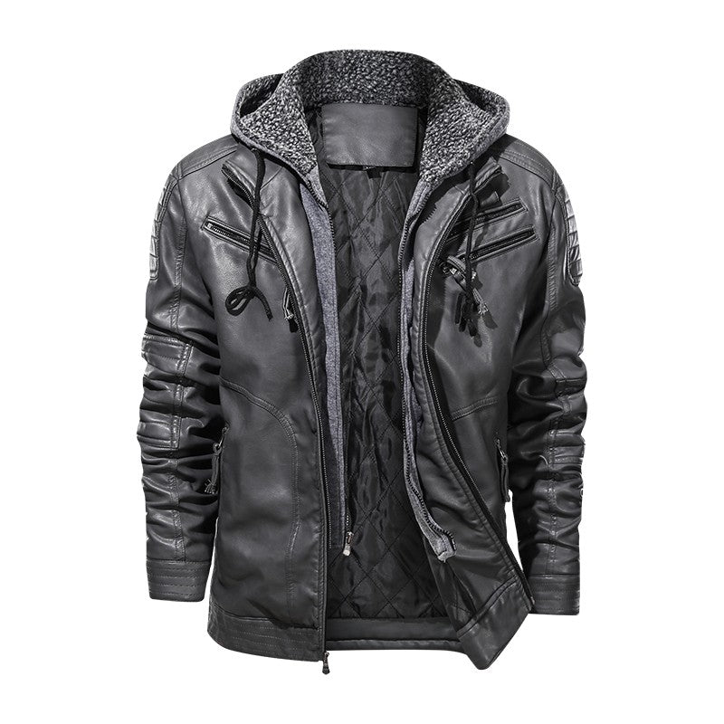 Men's PU Leather Coat Hooded Cotton Addition Leather Jacket Coat