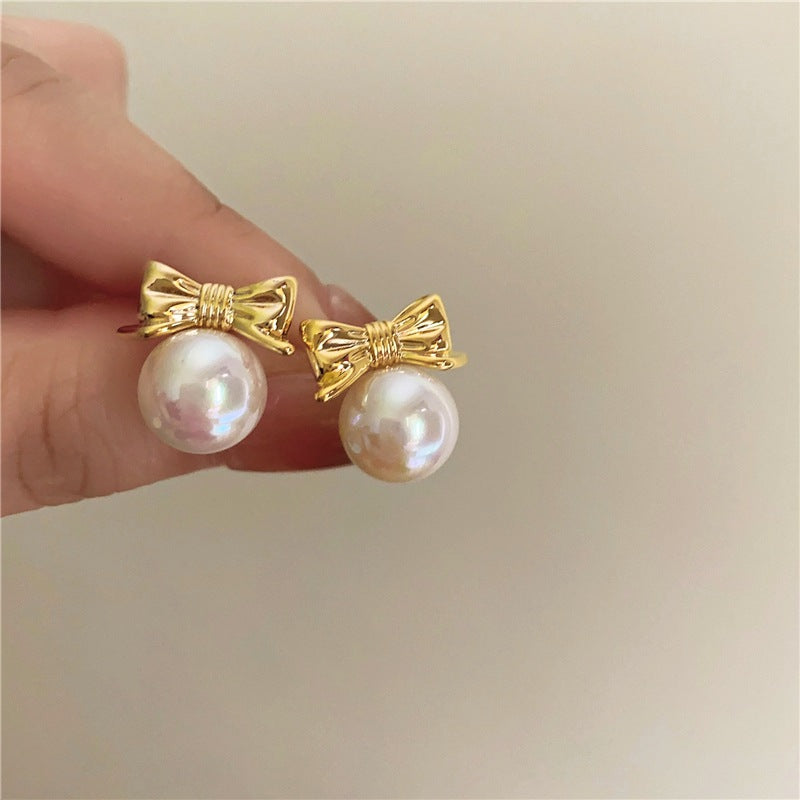 Exquisite Mini French Vintage Pearl Bow Stud Earrings