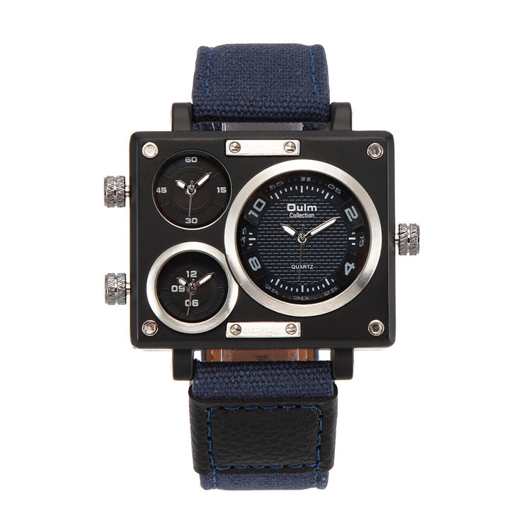 Men's Multi Time Zone Canvas Square Dial Plate Watch