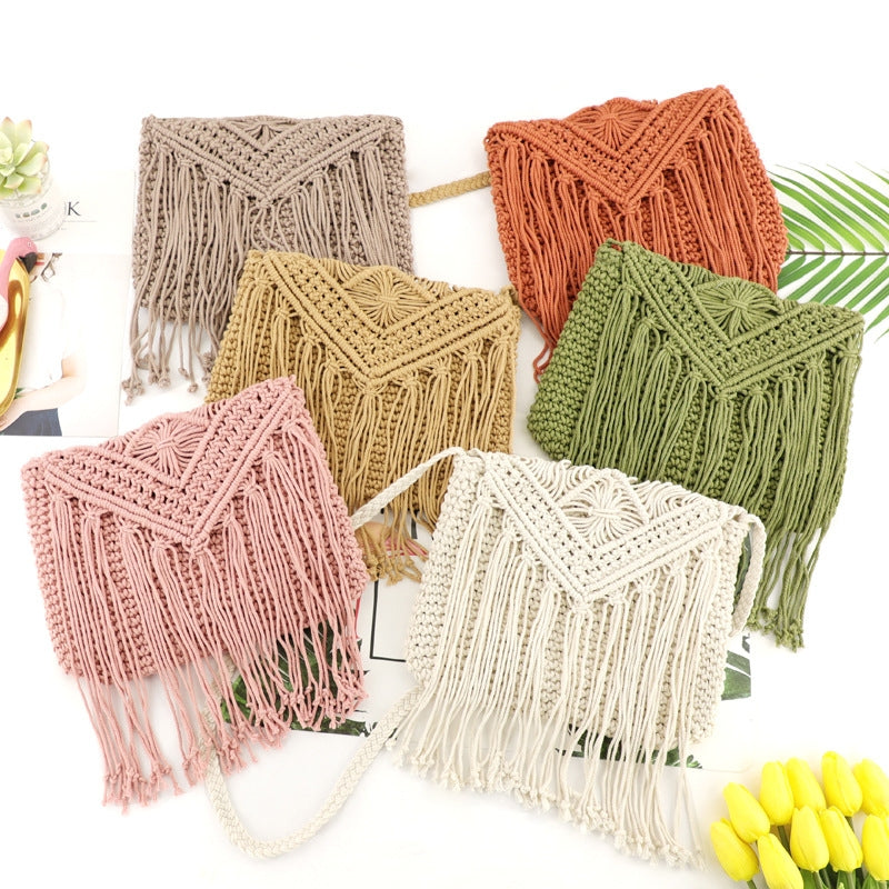 Hand-tied Cotton Tassel Flip Straw One Shoulder Crossbody Woven Bag