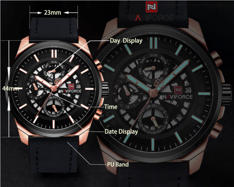 Ling Xiang NAVIFORCE new men's three-needle hollow design leather strap waterproof sports watch