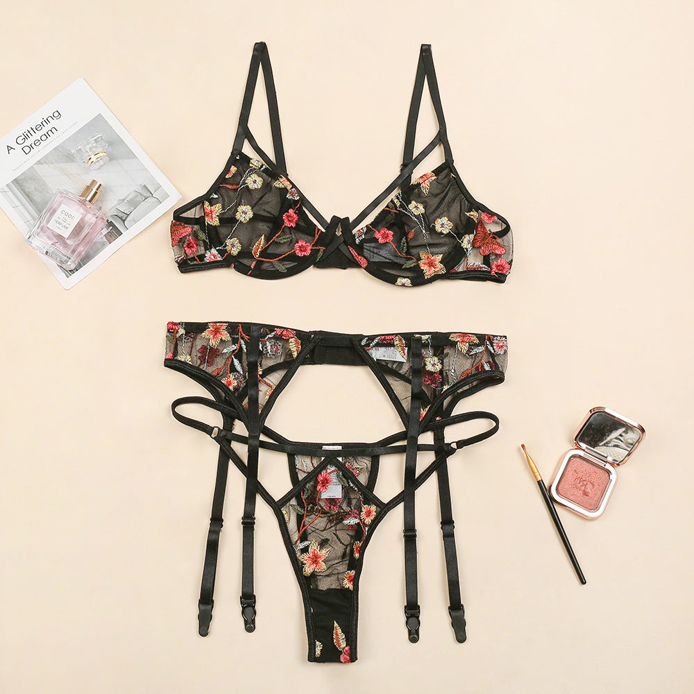 Women's Underwear Embroidery Push Up Three-piece Set