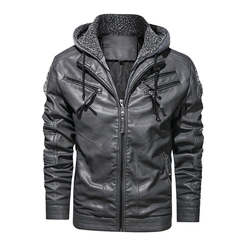 Men's PU Leather Coat Hooded Cotton Addition Leather Jacket Coat