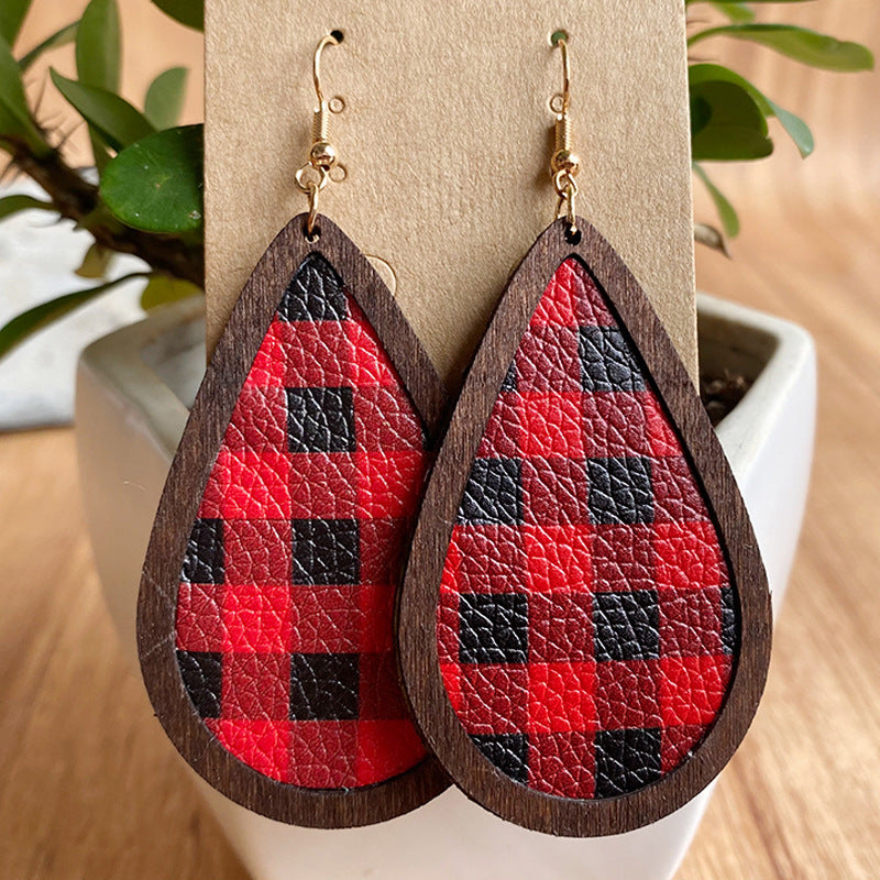 Christmas PU Leather Litchi Pattern Wooden Frame Earrings