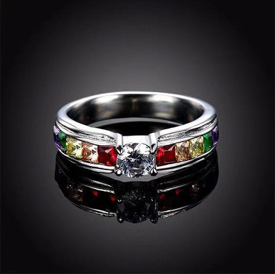 Colorful Inlaid Zircon Titanium Steel Color Ring Fashion Rainbow Ornament