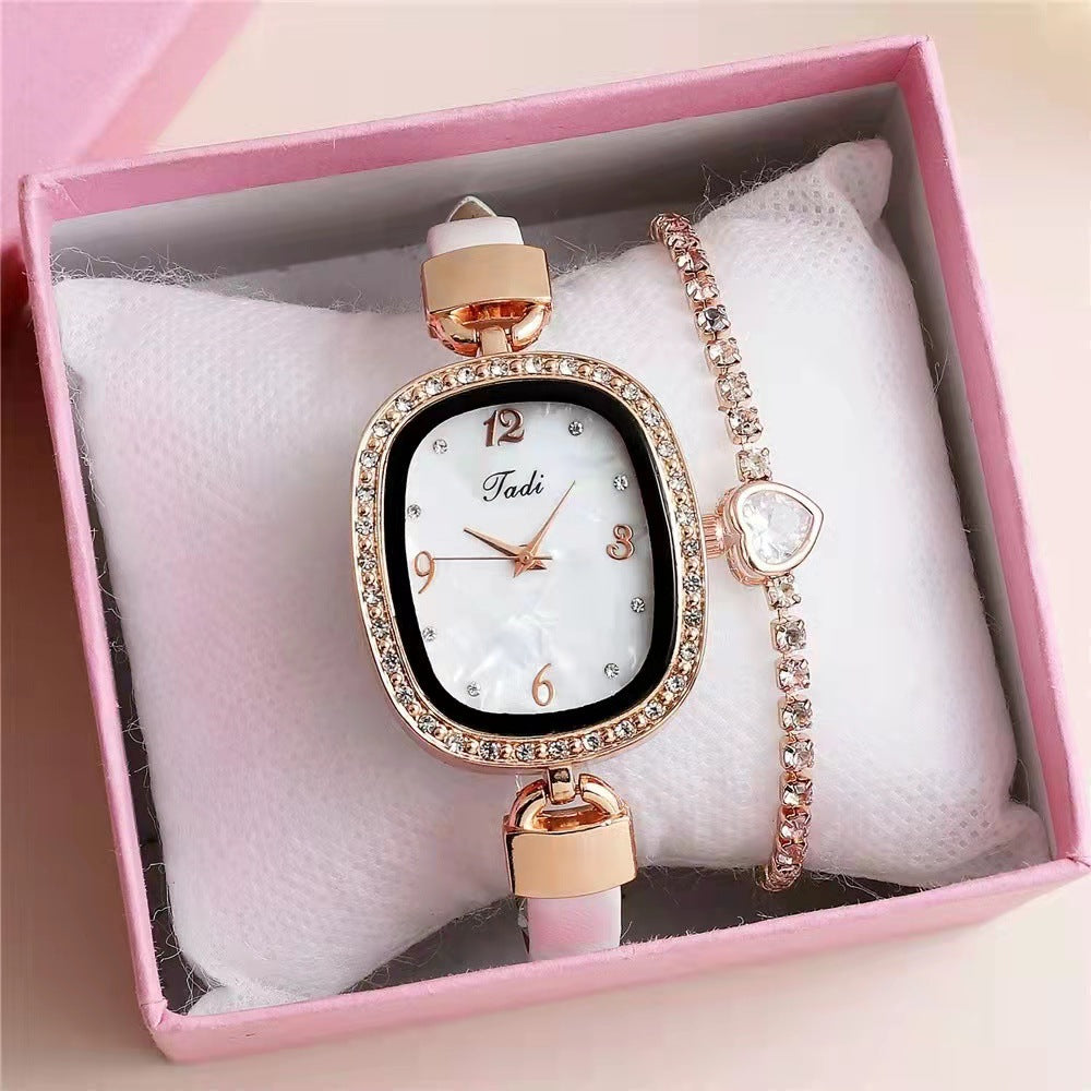 Fashion Belt Marbling Rhinestone Women's Quartz Watch Bracelet Set