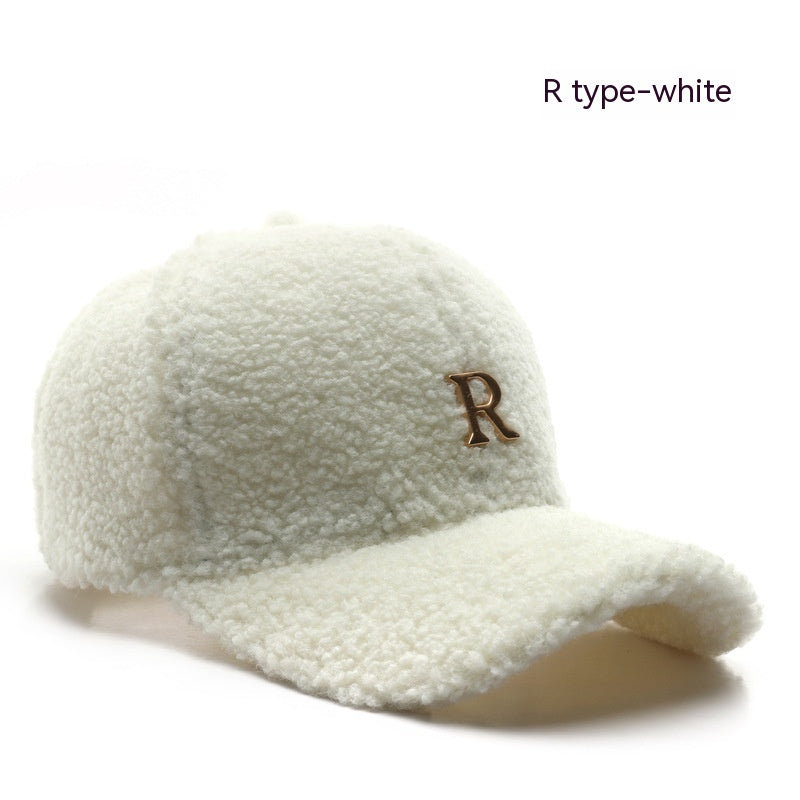 Autumn And Winter Letter R Solid Color Lamb Wool Baseball Cap Outdoor Sun Protection